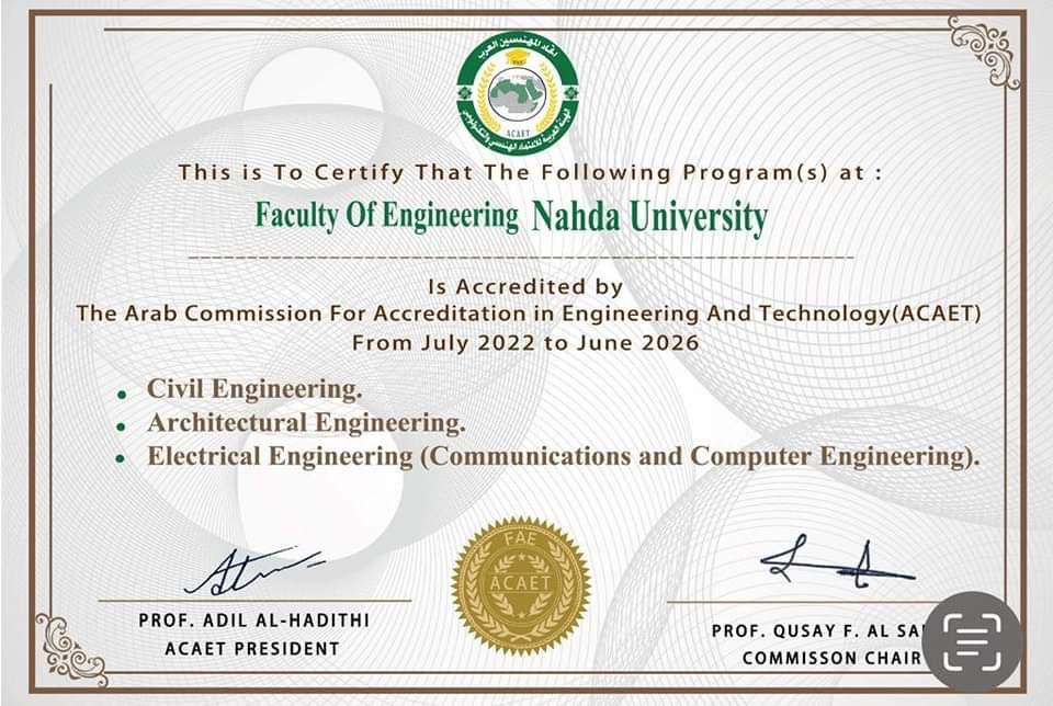 Faculty of Engineering, Nahda University, has obtained accreditation from The Arab Commission For Accreditation in Engineering And Technology (ACAET)